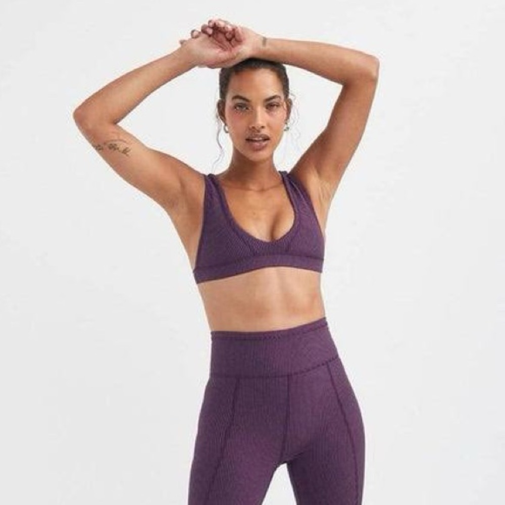 For Love & Lemons Ribbed Seamless Bra & Leggings in Plum Purple - Size Small